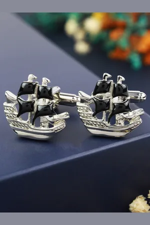 PELUCHE Men Silver-Toned & Black Contemporary Shape Cufflink