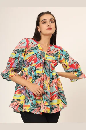 CHARMGAL Women Floral Printed Bell Sleeves V-Neck Top