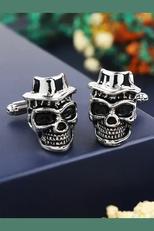 PELUCHE Silver-Toned & Black Quirky Skull Enamel Cufflink