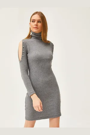 Olalook Cold-Shoulder Mock Neck Cotton Bodycon Dress