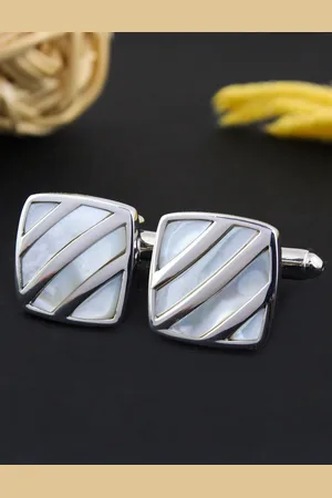 PELUCHE Silver-Toned Natural Mother of Pearl Stone Cufflink