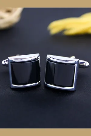 PELUCHE Silver-Toned & Black Onyx Stone Studded Cufflink