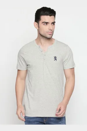Giordano Men Grey Solid Henley Neck Pure Cotton T-shirt