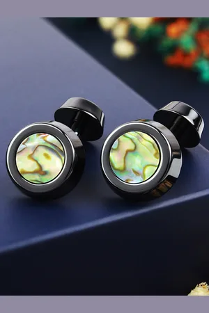 PELUCHE Men Black Zirconium Ceramic Studded Round Cufflinks