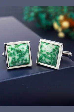 PELUCHE Men Mother Of Pearl Green Textured Silver-Toned Cufflink