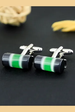 PELUCHE Silver-Toned & Black Cylindrical Frameless Stone Cufflink