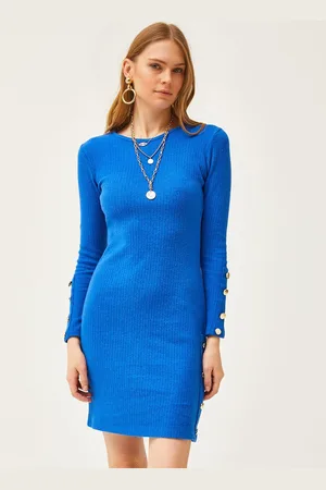 Olalook Long Sleeve Embellished Solid Bodycon Dress
