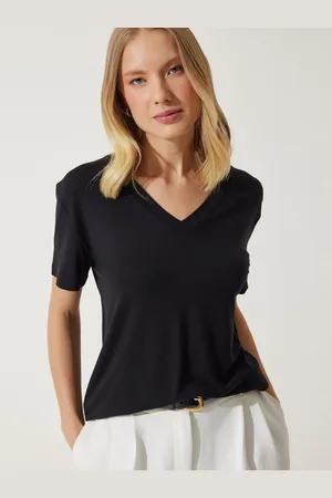 Happiness istanbul Women Solid V-Neck Oversized T-Shirt
