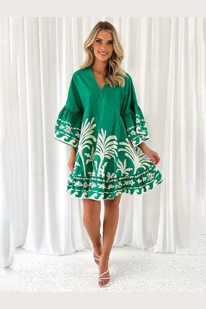 LULU & SKY Women Tropical Printed V-neck Bell Sleeve A-Line Dress