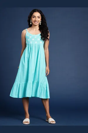 Taavi Chikankari Embroidered Pure Cotton A-Line Midi Ethnic Dresses