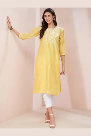 Fabindia Floral Embroidered Cotton Silk Straight Kurta With Slip
