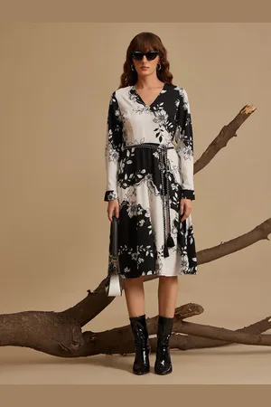Kazo Floral Print Satin Formal A-Line Midi Dress