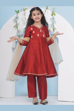 Bhama Girls Floral Embroidered Angrakha Gotta Patti Kurta with Trousers & With Dupatta