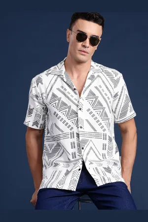 HANCOCK Men Geometric Printed Cuban Collar Relaxed Fit Casual Shirt