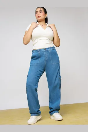 FREAKINS Women Straight Fit High-Rise Light Fade Cotton Cargo Styles Jeans