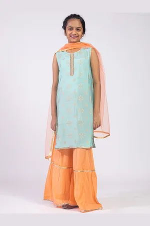 HERE&NOW Girls Ethnic Motifs Printed Straight Pure Silk Kurta with Sharara & Dupatta