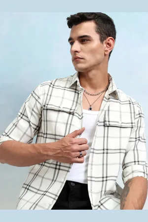 Highlander Men Off Mini Waffle Dobby Textured Checked Utility Pocket Relaxed Shirt