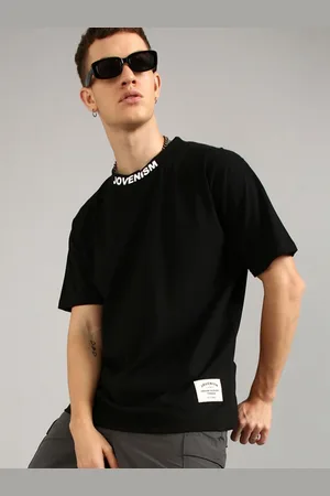 Joven Men Typography Checked Mandarin Collar Pockets T-shirt