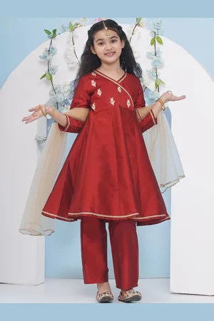 Bhama Girls Floral Embroidered Angrakha Gotta Patti Kurta with Trousers & With Dupatta