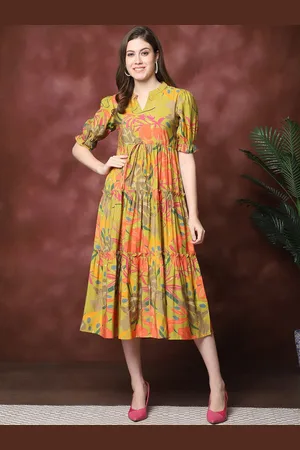 Claura Women Floral Print Mandarin Collar Puff Sleeves Maxi Midi Dress