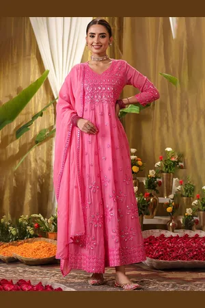 SCAKHI Floral Embroidered Pure Cotton Anarkali Kurta & Trousers With Dupatta