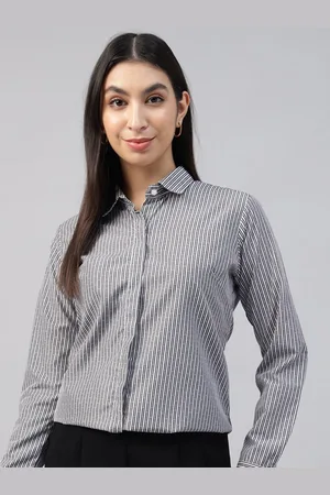 English Navy Women Spread Collar Vertical Striped Wrinkle Ressistant Formal Shirt