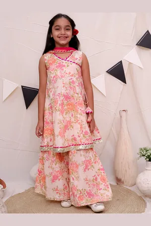 Ka-mee Girls Floral Printed Gotta Patti Pure Cotton A Line Kurta with Sharara & Dupatta