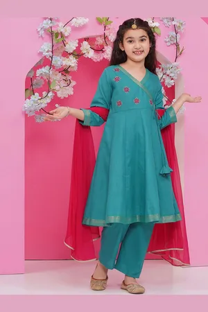 Bhama Girls Ethnic Motifs Embroidered Angrakha Gotta Patti Pure Cotton Kurta with Trousers & With