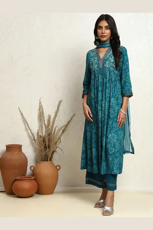 Biba Floral Printed Pleated Thread Work A-Line Kurta with Palazzos & Dupatta