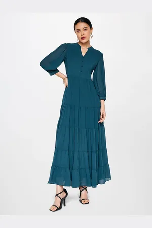 AND Marin Collar Puff Sleeves Maxi Fit Flare Dress