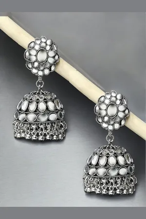 Sangria Kundan Studded Floral Shaped Oxidised Jhumka Earrings
