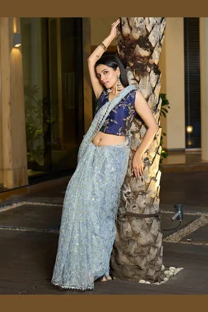 Warthy Ent Ethnic Motifs Sequinned Net Fusion Saree