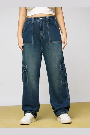FREAKINS Women Straight Fit High-Rise Light Fade Cotton Cargo Styles Jeans