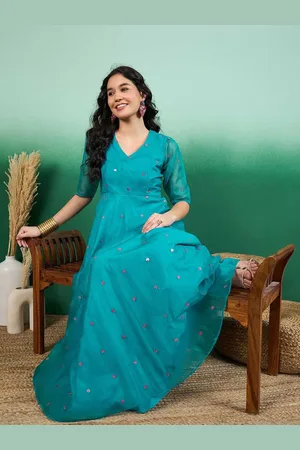 Sangria Women Floral Thread and Sequinned Embroidered Maxi Dress