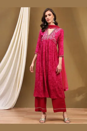 Biba Floral Printed V-Neck Empire Thread Work Anarkali Kurta with Palazzo & Dupatta