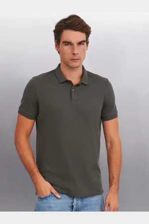 Grimelange Men Solid Polo Collar Cotton T-Shirt