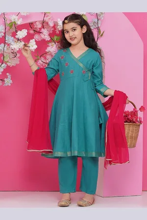 Bhama Girls Floral Embroidered Angrakha Gotta Patti Pure Cotton Kurta with Trousers & With Dupatta
