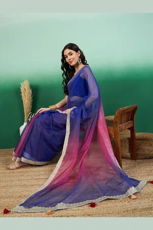 Sangria Women Organza Ombre Printed & Embroidered Tassels Border Saree with Blouse Piece