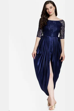 Cation Women Navy Blue Solid Lace Maxi Dress
