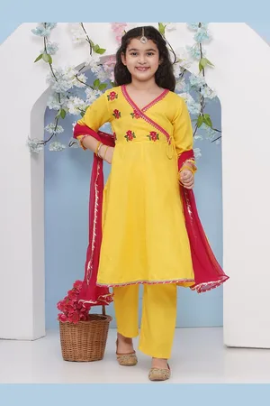 Bhama Girls Floral Embroidered Angrakha Gotta Patti Pure Cotton Kurta with Trousers & With Dupatta