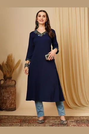 Globus Blue Floral Embroidered Georgette A-Line Kurta
