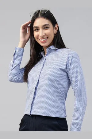 English Navy Women Spread Collar Vertical Striped Wrinkle Resistant Formal Shirt