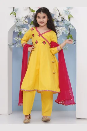 Bhama Girls Floral Embroidered Angrakha Gotta Patti Pure Cotton Kurta with Trousers & With Dupatta