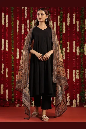 anayna Black & Orange Geometric Woven Design Cotton Anarkali Kurta with Trousers & Dupatta