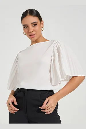 Styli Women Solid Accordion Pleats Boat Neck Top