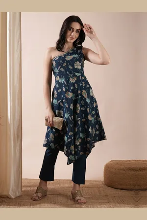 Globus Blue Floral Printed One Shoulder Gotta Patti A-Line Kurta With Trousers