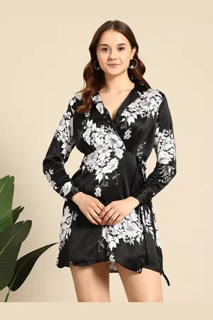 Mast & Harbour Floral Print Satin Wrap-Style Mini Dress