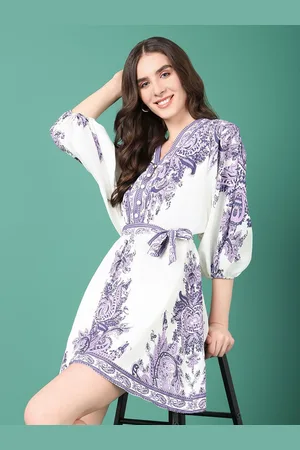 SHOWOFF Ethnic Motifs Print Puff Sleeve Chiffon Fit & Flare Mini Dress