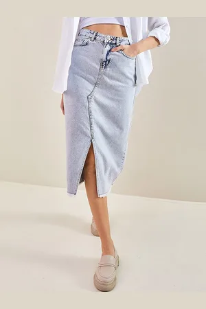 Bianco Lucci Pure Cotton Denim Straight Midi Skirts