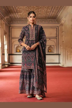 SCAKHI Ethnic Motifs Embroidered Panelled Kurta with Sharara & Dupatta